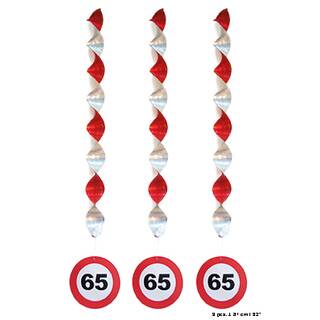 3 Metallichänger Baumelketten Dekoration in weiß/rot Stopschild Verkehrsschild 65 Geburtstag Karneval