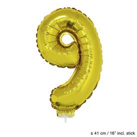 Folienballon Nummer 9 gold ca. 41 cm mit Stab