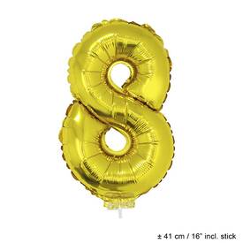 Folienballon Nummer 8 gold ca. 41 cm mit Stab