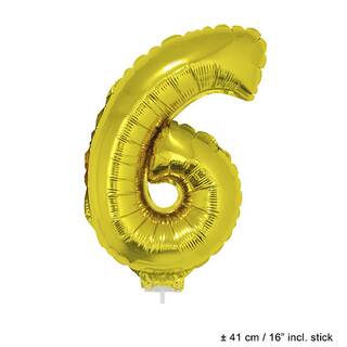 Folienballon Nummer 6 gold ca. 41 cm mit Stab