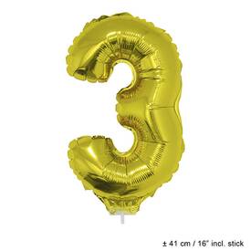 Folienballon Nummer 3 gold ca. 41 cm mit Stab
