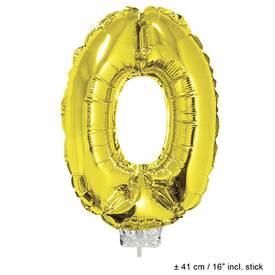 Folienballon Nummer 0 gold ca. 41 cm mit Stab