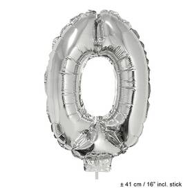 Folienballon Nummer 0 silber ca. 41 cm mit Stab