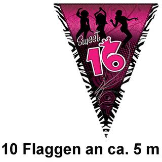Wimpelkette "Sweet 16" Geburtstag 10 Flaggen an ca. 5 m