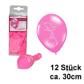 Ballons Storch mit Baby rosa ca. 30 cm 12 Stück