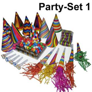 Partybox Set alles bunt für 10 Personen Wattekugeln, Tröten, Hüte, Luftschlangen, Kanonen für Wattekugeln usw.