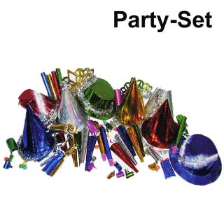 Partybox Set Glitter für 10 Personen Wattekugeln, Tröten, Hüte, Luftschlangen, Kanonen für Wattekugeln usw.