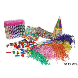 Partybox Set 25-50 Luftschlangen, bunte Partyhüte, Wattekugeln & Kanonen, Tröten