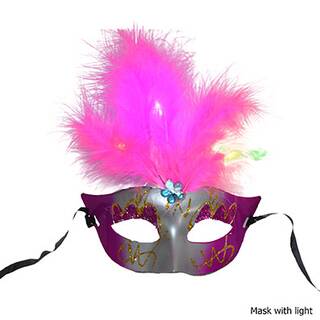 Augenmaske silber/pink mit rosa Feder & LED Beleuchtung - Erwachsene