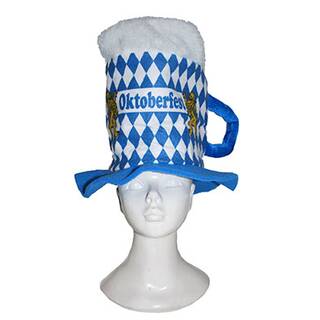 Spaßhut Oktoberfest Bierglas als Mütze blau/weiß kariert