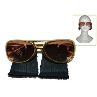 Elvisbrille mit schwarzen Kotletten an den Bügeln Rahmen in gold und leicht braune Gläser Fun Gag Geburtstag