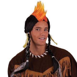 Indianer Sioux Perücke - schwarz mit Iro rot-gelb - Herren