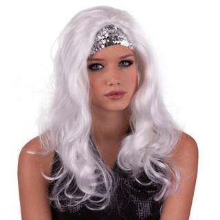 GoGo Perücke - weiß mit Glitter-Haarband silber