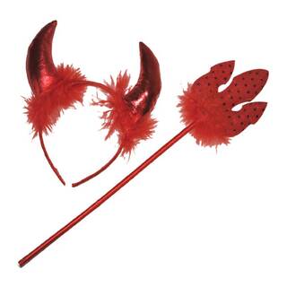 Teufelsset 2 teilig rot Haarreif mit Hörnern & Dreizack mit Marabou