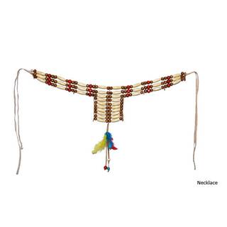 Indianer Halskette 3 Reihen Holz mit Perlen und Federn